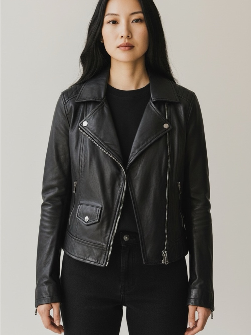 Barneys New York Leather Jacket Black Zip Off Collar Small